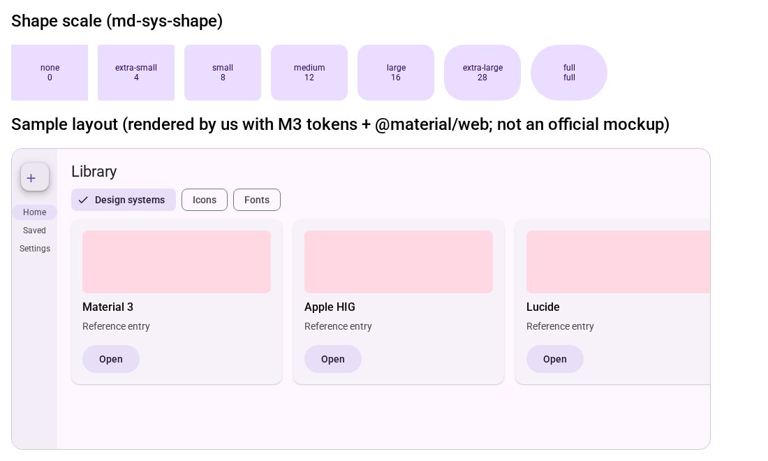 Figure 4. Shape scale and a sample layout (navigation rail + chips + cards). Source: RENDERED BY US with M3 tokens + @material/web; illustra
