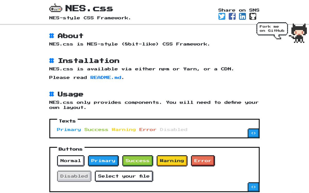 Page capture of NES.css (https://nostalgic-css.github.io/NES.css/) as analysed on 2026-10-22