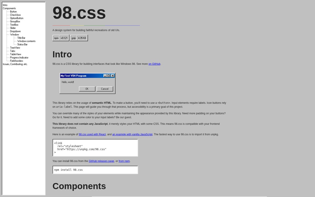 Page capture of 98.css + XP.css (https://jdan.github.io/98.css/) as analysed on 2026-10-22