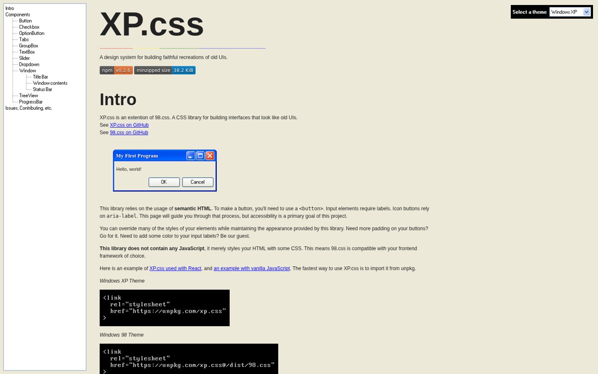 Page capture of 98.css + XP.css (https://jdan.github.io/98.css/) as analysed on 2026-10-22