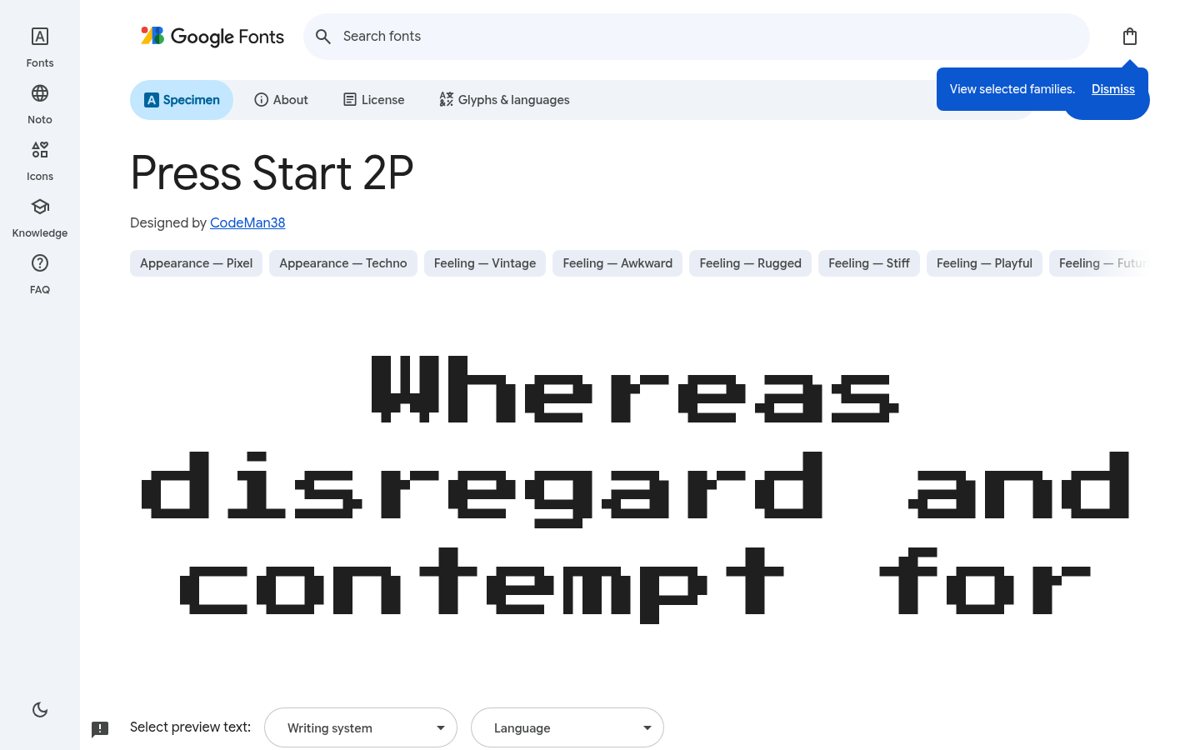 Page capture of Pixel fonts: Press Start 2P, Pixelify Sans, Silkscreen, VT323 (https://fonts.google.com/specimen/Press+Start+2P) as analysed on 2026-10-22