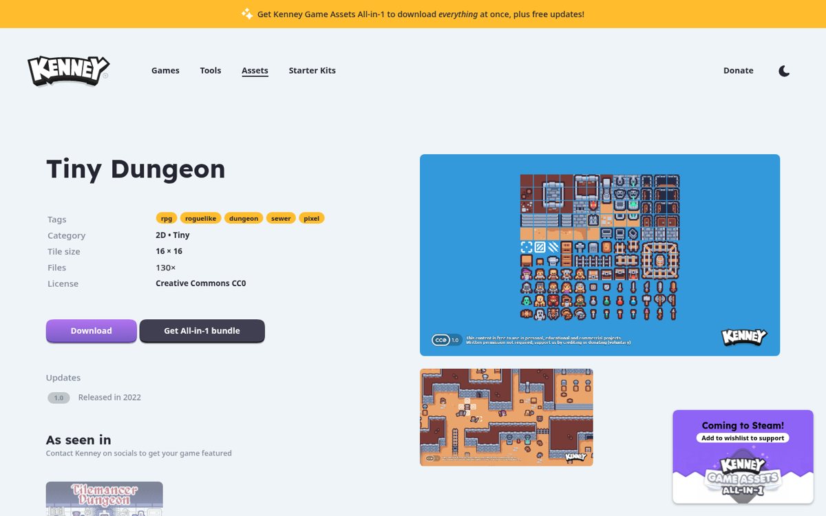 Page capture of Kenney game assets (Tiny Dungeon) (https://kenney.nl/assets/tiny-dungeon) as analysed on 2026-10-22