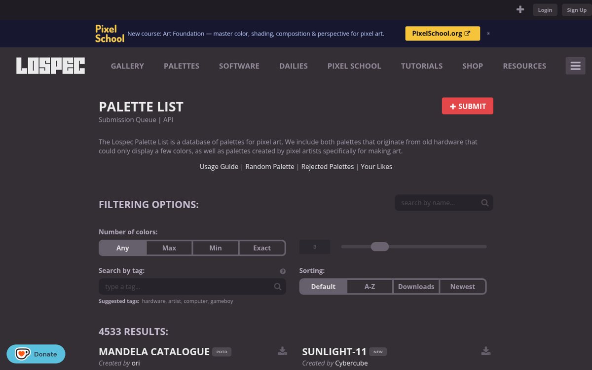 Page capture of Lospec Palette List (https://lospec.com/palette-list) as analysed on 2026-10-22