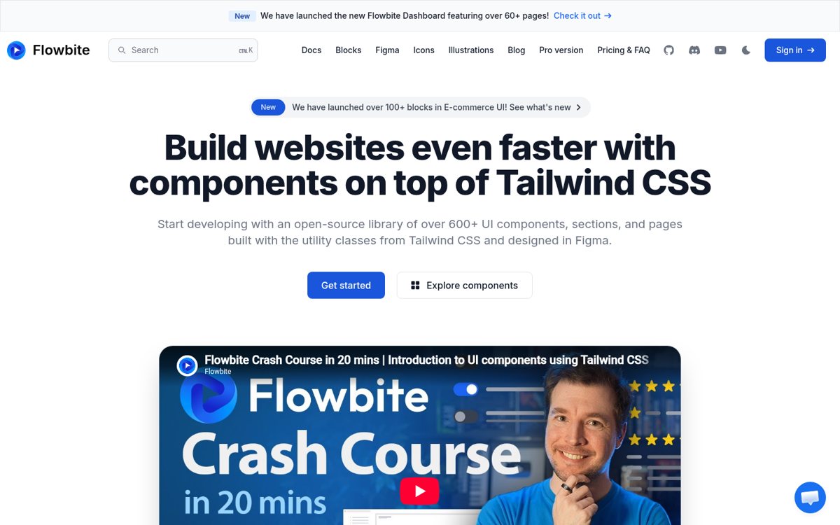 Page capture of Flowbite (free, open-source) (https://flowbite.com/) as analysed on 2026-10-25