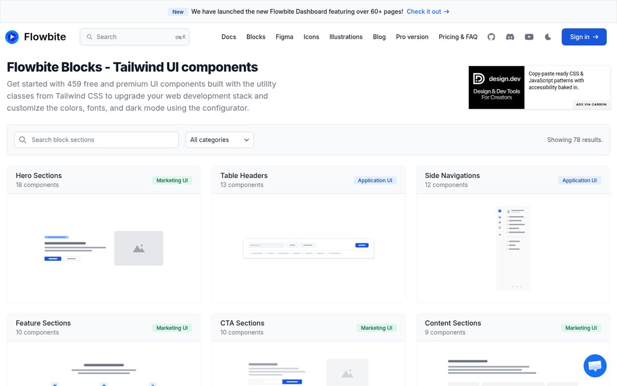 Page capture of Flowbite (free, open-source) (https://flowbite.com/) as analysed on 2026-10-25