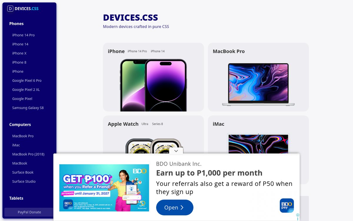 Page capture of Devices.css (https://devicescss.xyz/) as analysed on 2026-10-25