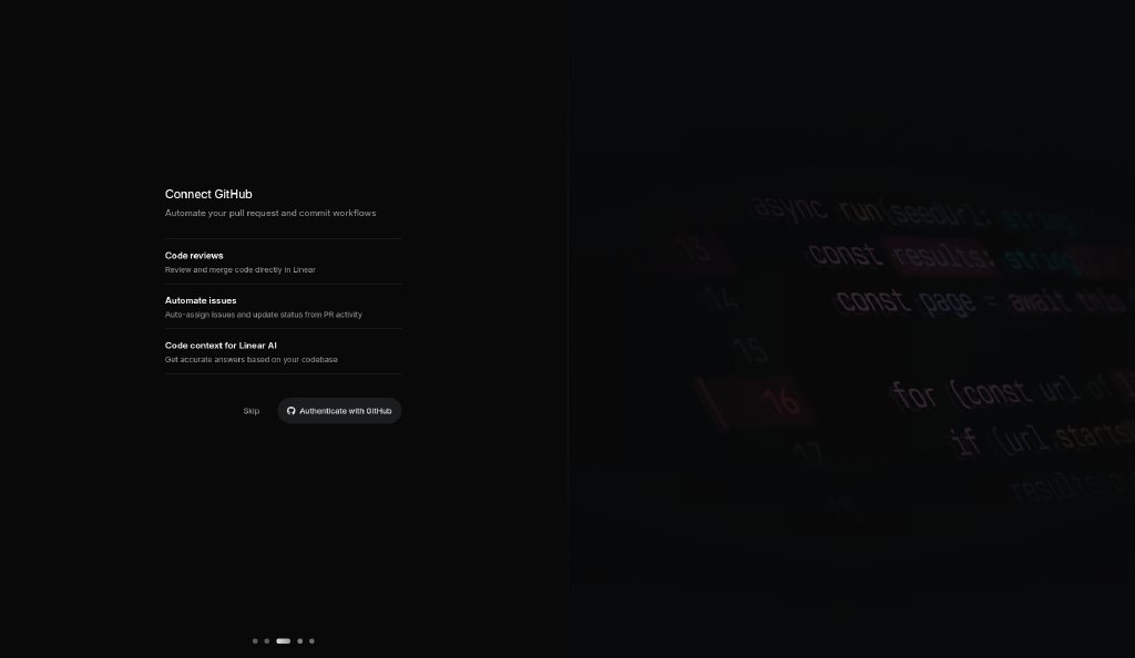 Linear onboarding step 4: Onboarding · Connect GitHub