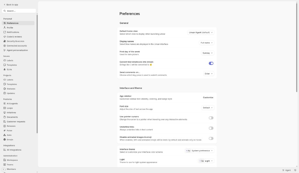 Linear: Settings · Preferences (light)