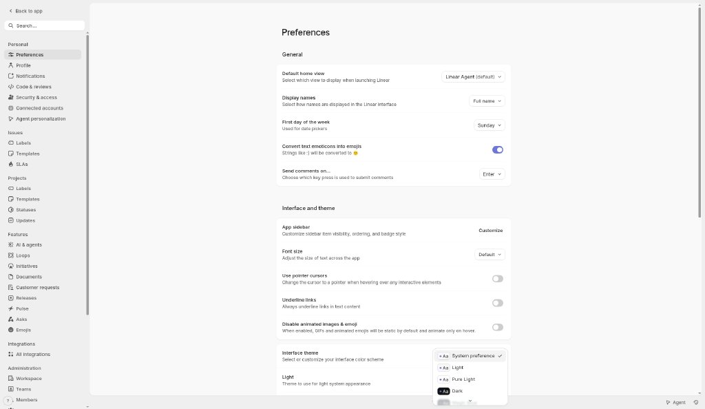 Linear: Settings · Theme dropdown
