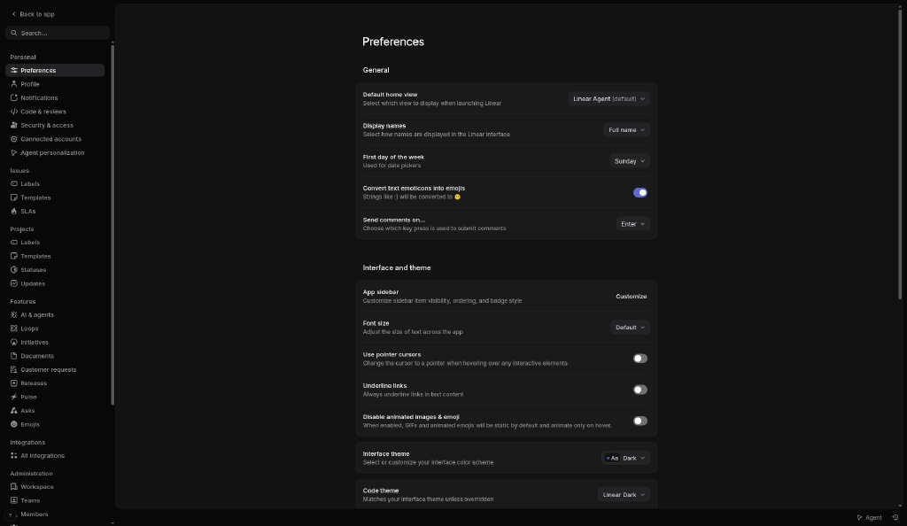 Linear: Settings · Preferences (dark)