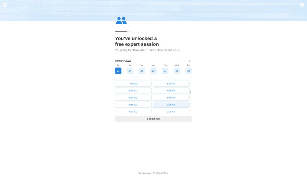 Notion onboarding flow step 3: Free expert session offer