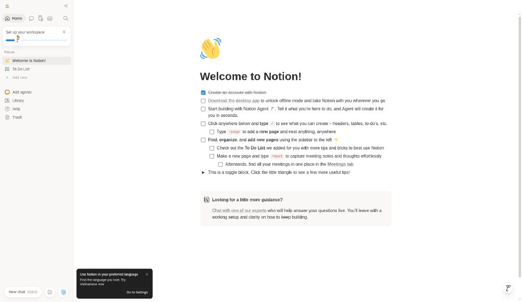 Notion onboarding flow step 4: Home · Welcome page
