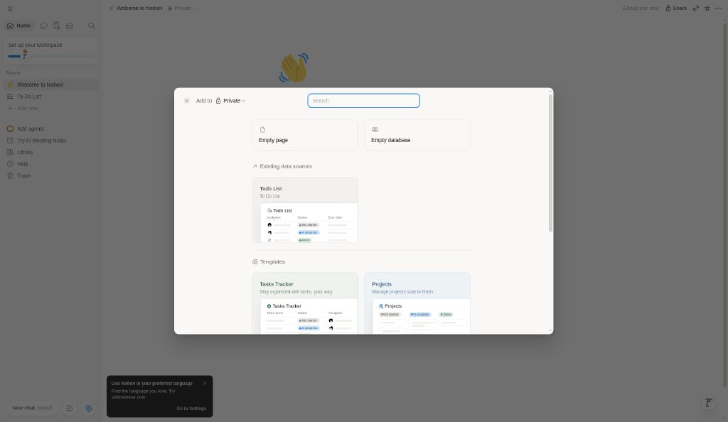 Notion: Add new: page or database picker