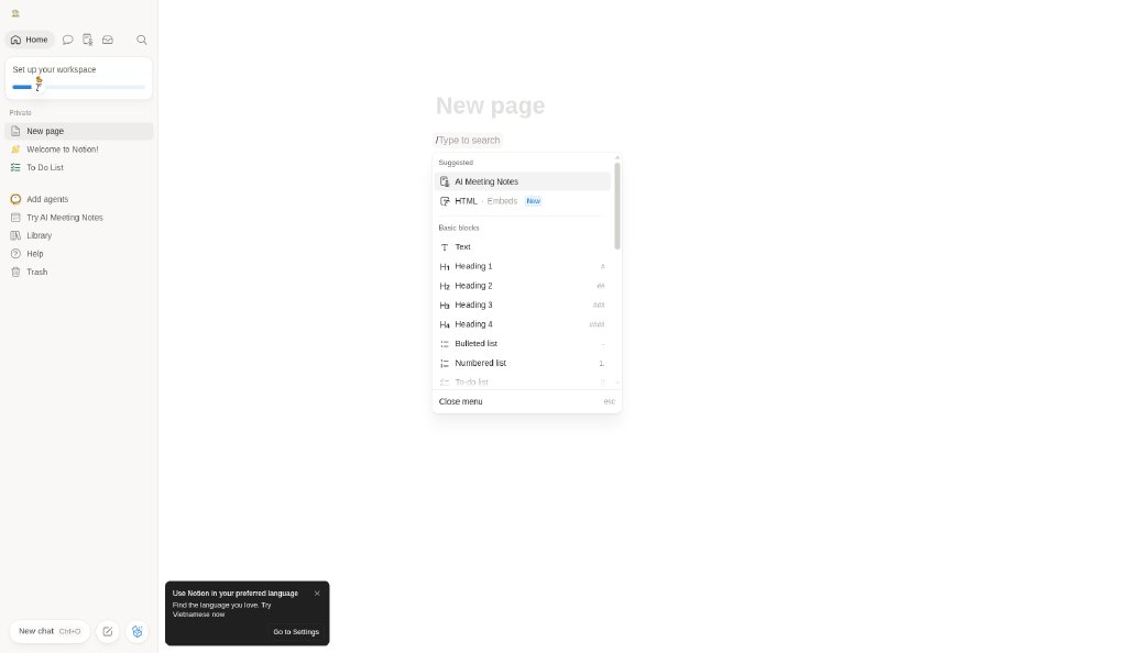 Notion: Slash command menu
