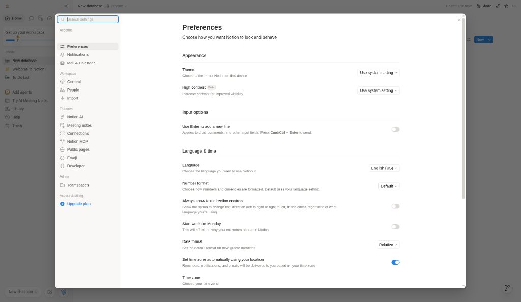 Notion: Settings · Preferences