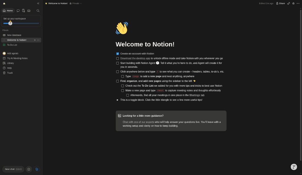 Notion: Welcome page in dark mode