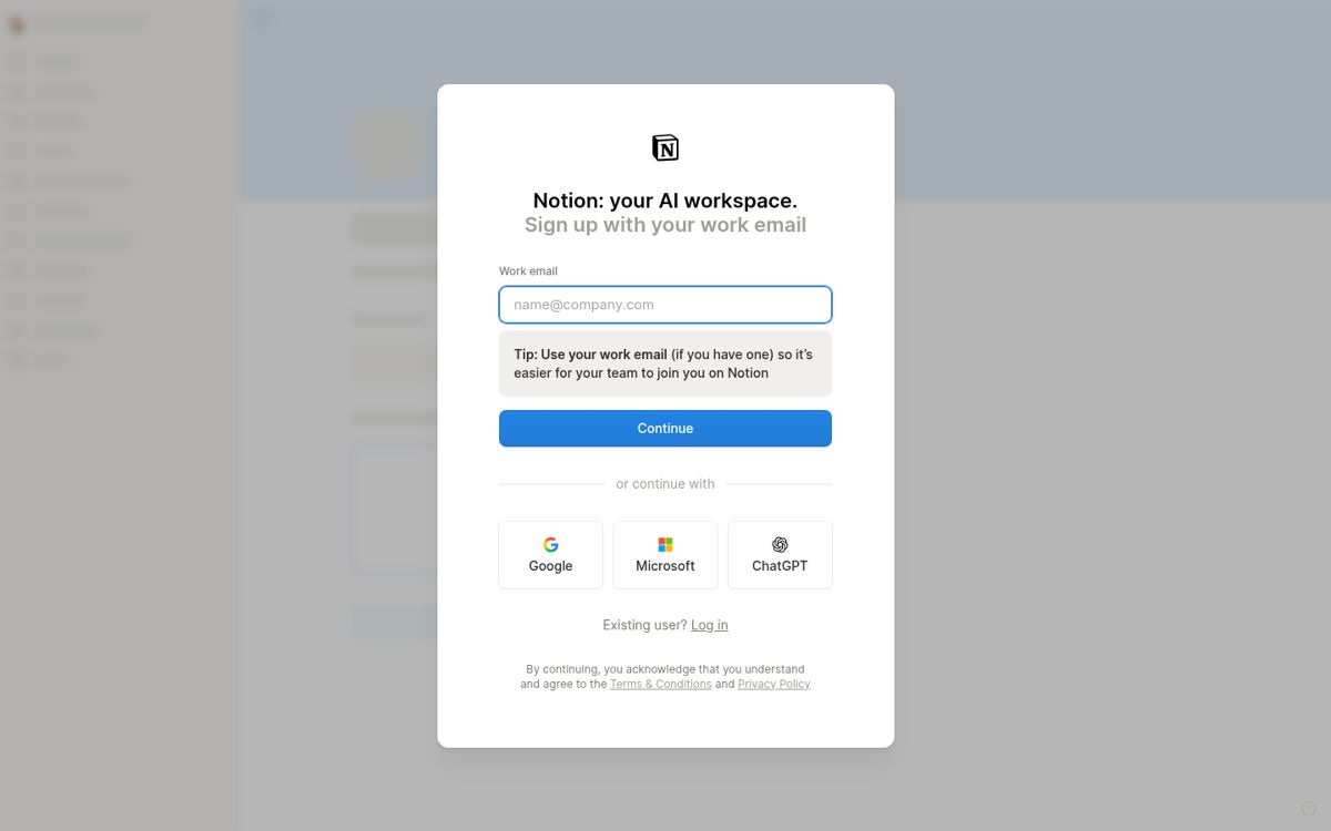 Notion step 3: Sign-up entry